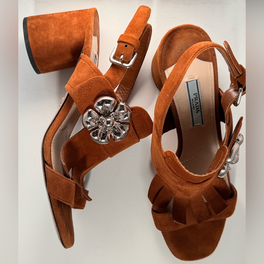 Prada Suede Tobacco chunky heel sandal silver buckle size 37 EUR